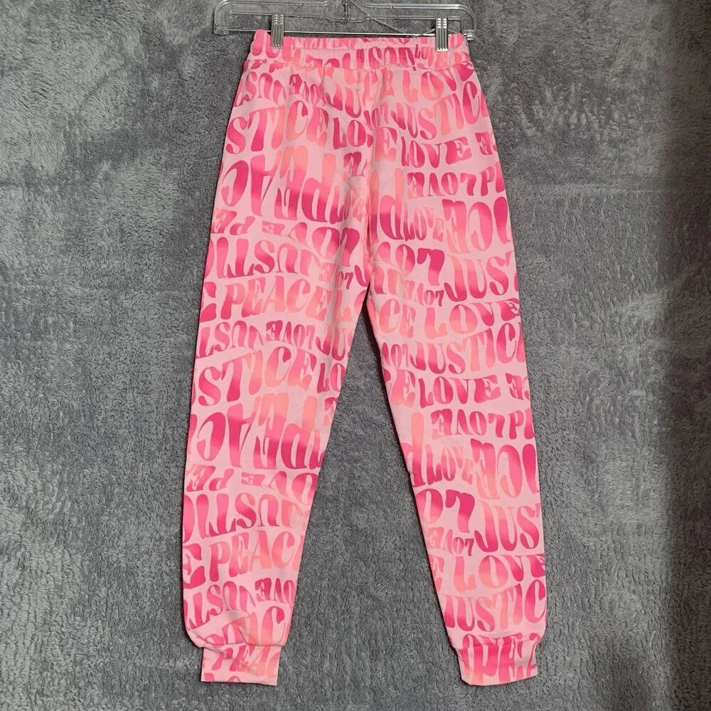 Justice Joggers Girls‎ Size M 10 Pink Peace Love Justice Graphic Fleece NWT